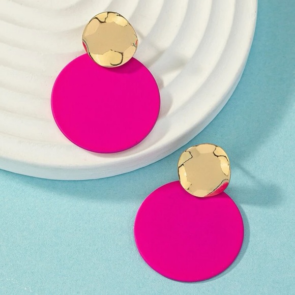 Hot Pink Round Dot Drop Earrings - Picture 3 of 4
